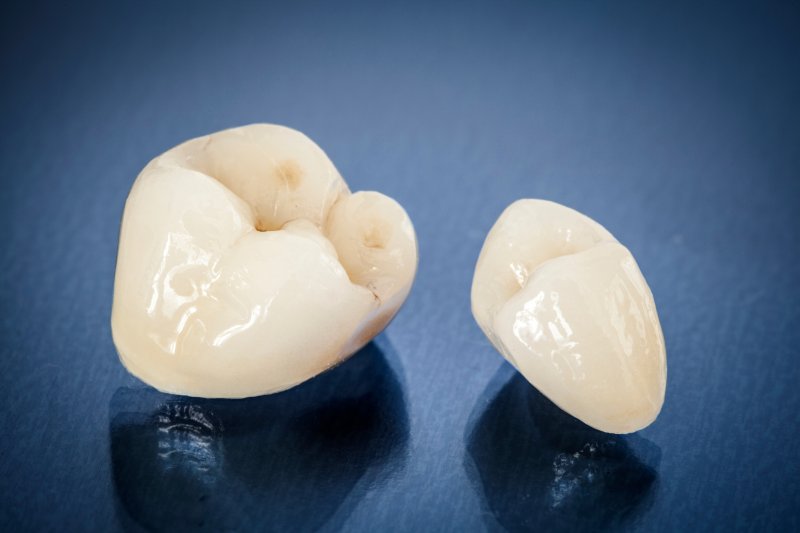 Closeup of two metal-free ceramic dental crowns